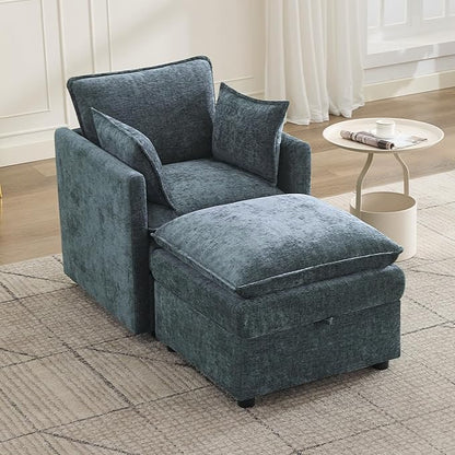 30" Cloud Modular Single Sofa Chair with Storage Ottoman, Modern Upholstered Accent Chair with Storage, Chenille Reading Lounge Armchair for Living Room, Bedroom, Small Space, Blue