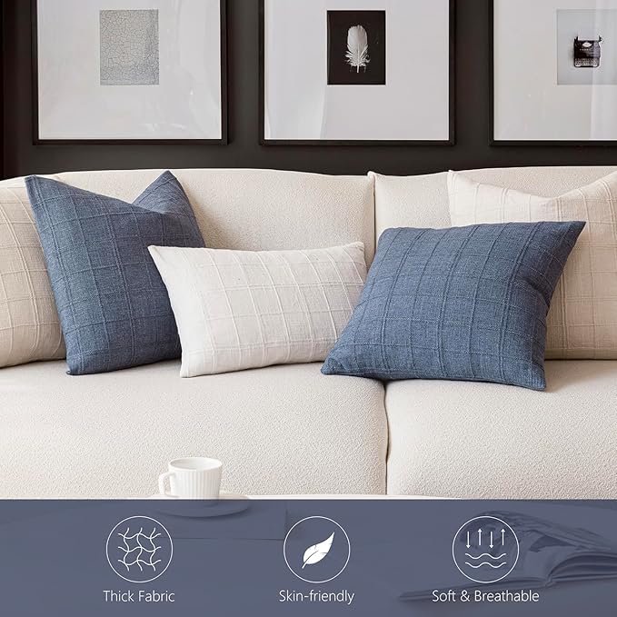 Foindtower Set of 2 Decorative Linen Check Throw Pillow Covers Neutral Farmhouse Vintage Cushion Covers Modern Coastal Boho Home Decor for Sofa Chair Couch Bedroom Living Room,22×22 Inch,Blue