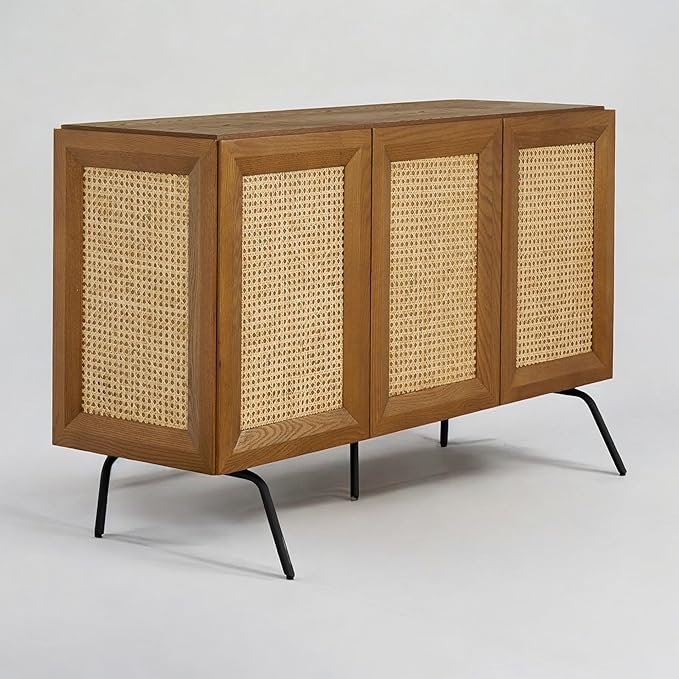 NTC MOSSIC Modern Sideboard with 3 Doors, Natural Rattan Storage Cabinet, Buffet with Metal Legs, Boho Accent Cabinet for Living Room, and Entryway, Effortless Assembly - Rustic Oak