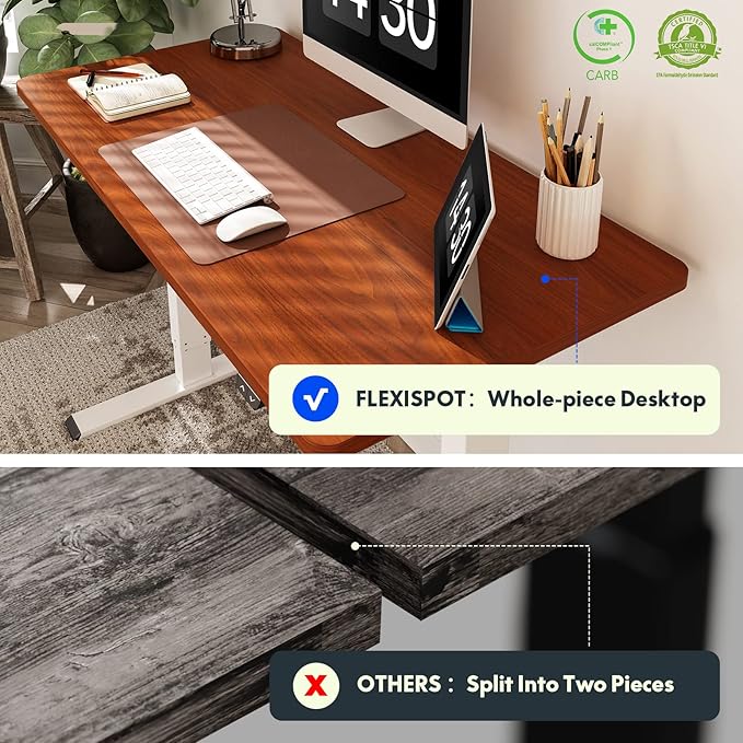 FLEXISPOT E6 Standing Desk 3 Stages Dual Motor Electric 60x24 Inch Whole-Piece Board Height Adjustable Electric Sit Stand Desk(White Frame + Mahogany Desktop, 2 Packages)