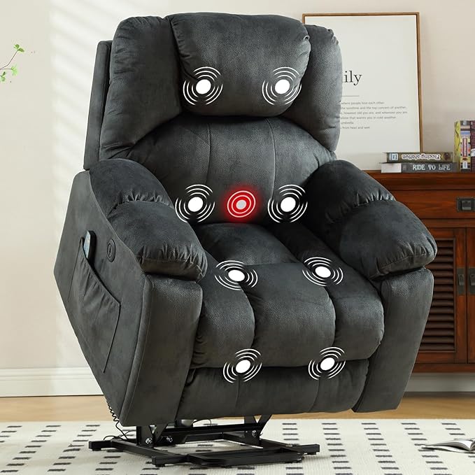 CANMOV Large Power Lift Recliner with Massage and Heat for Elderly, Heavy Duty Lift Recliner for Seniors with USB Port, 2 Hidden Cup Holders (Dark Grey)