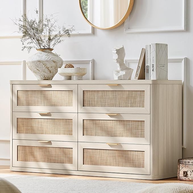 LEYAOYAO Rattan 6 Drawer Dresser for Bedroom Set of 2, Boho 54" Wide White Dresser Chest of Drawers, Dressers TV Stand with Metal Handle, Storage Dressers Closet Organizer for Living Room, Hallway