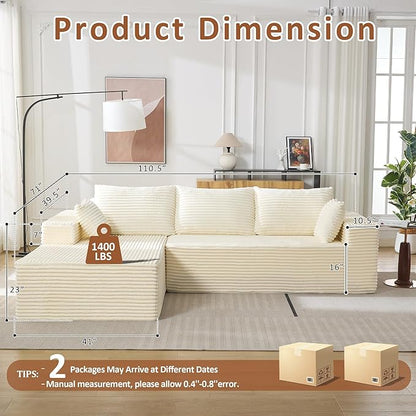110" Boneless Sectional Couch with Chaise Lounge, Cloud Couch Compressed Sofa L Shape, No Assembly Memory Foam Sofa for Living Room, White Corduroy