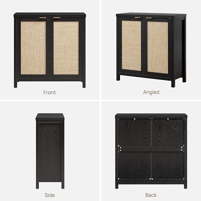 SICOTAS Rattan Sideboard Buffet Storage Cabinet - 3 Pieces Boho Farmhouse Coffee Bar Cabinet Credenza Cabinet with Storage and Rattan Decorated Doors for Home Kitchen, Black