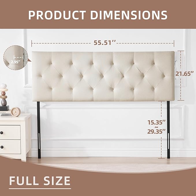Linen Upholstered Headboard Full Size, Modern Diamond Tufting Solid Wood Full XL Headboard Only, Adjustable Height from 37” to 51” Head Board, Bed Frame or Wall Mount Headboards, Beige