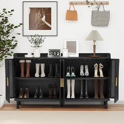 ORRD 4 Doors Storage Cabinet, 2 Tier Wooden Storage Organizer Cabinet with Adjustable Shelf, Sideboard Buffet Cabinets with Iron Curved Doors Accent Shoe Rack for Entryway Hallway Living Room (Black)