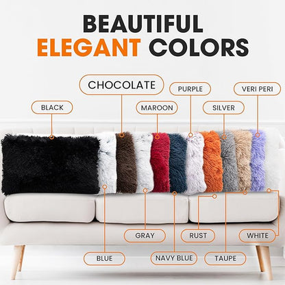 Cheer Collection Throw Pillows for Couch and Bed, Soft Shaggy Throw Pillows with Inserts Included, Cozy Long Hair Faux Fur Pillows - Set of 2-12" x 20" - Chocolate