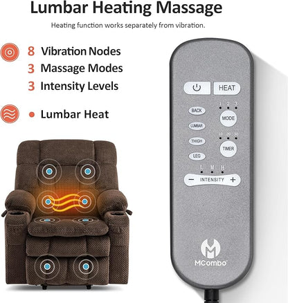 MCombo Dual Motor Power Lift Recliner Chair for Elderly, Lay Flat Lift Chair with Heat and Massage, Petite Lift Chair, Cup Holders, USB A&C Ports, Fabric 7893 (Small, Coffee)