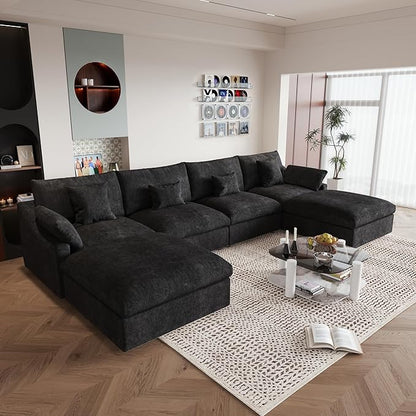 JACH U-Shaped Sectional Couches for Living Room, Cloud Sectional Couch with Deep Seat, 155.9" Modular Sofa with Chaise, Covers Removeable & Washable, Sofas Furniture for Living Room, Black