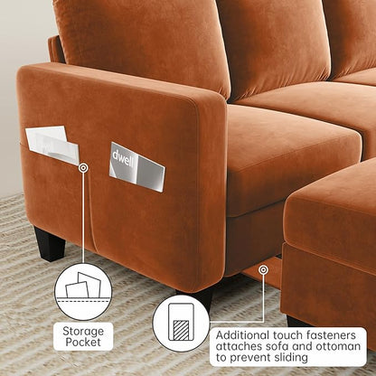 Sectional Sofa and Couches for Living Room, 78'' Orange 3 Seat L-Shaped Couch with Movable Ottoman, Comfy Velvet Convertible Sectionals Sofas with Chaise for Apartment, Office, Small Space