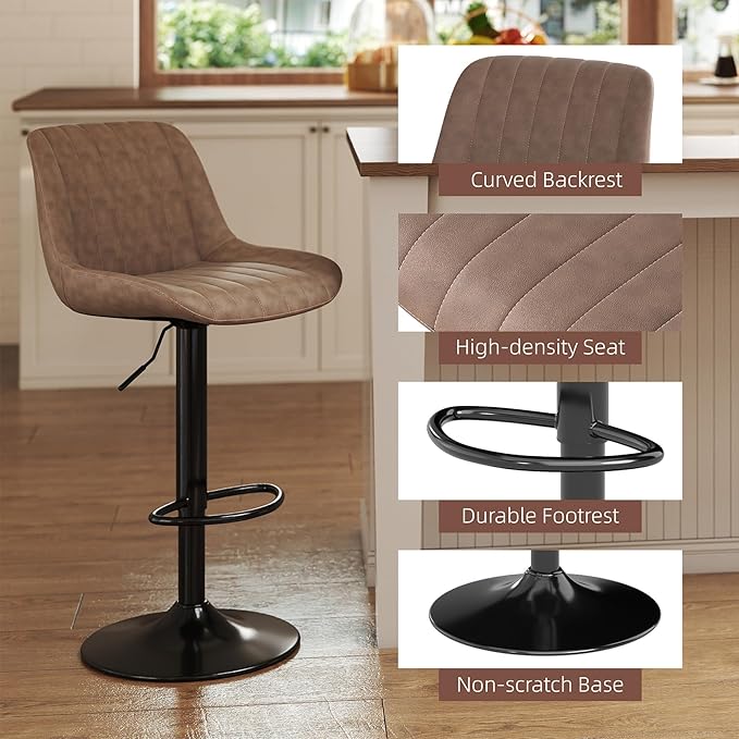 Youhauchair Bar Stools Set of 2, Swivel Counter Height Barstools with Back, Adjustable PU Leather Bar Chairs, Modern Armless Kitchen Island Stool, Light Brown