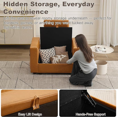41.1" Accent Sofa Chair with Storage, Faux Leather Living Room Chairs with Headrest and Side Pockets, Mid Century Modern Arm Chair, Upholstered Comfy Single Couch Reading Club Chairs, Brown