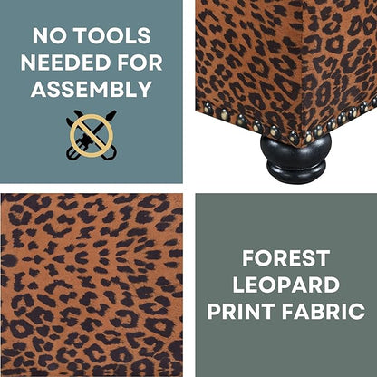 Convenience Concepts Designs4Comfort 5th Avenue Upholstered Storage Ottoman 24" - Contemporary Foot Stool and Seat with Hinged Lid for Living Room, Dining Room, Office, Forest Leopard Print Fabric