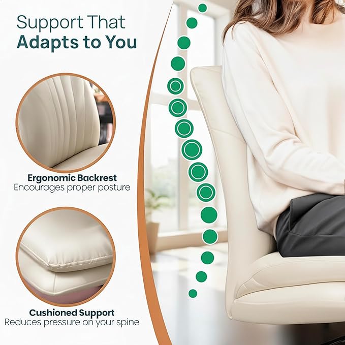 NYPOT Armless Desk Chair with Wheels for Criss Cross Sitting - Cross Legged Wide Armless Chair - Adjustable Vanity 360° Swivel Stool and 120° Rocking Wide Seat Comfy for Home and Office, Color Ivory