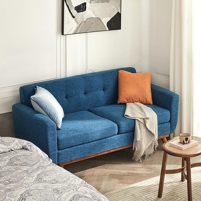 Tbfit Loveseat Sofa, 65" W Mid Century Modern Love Seat Small Loveseat for Bedroom, Button Tufted Upholstered Small Couch Sofa for Living Room, Blue