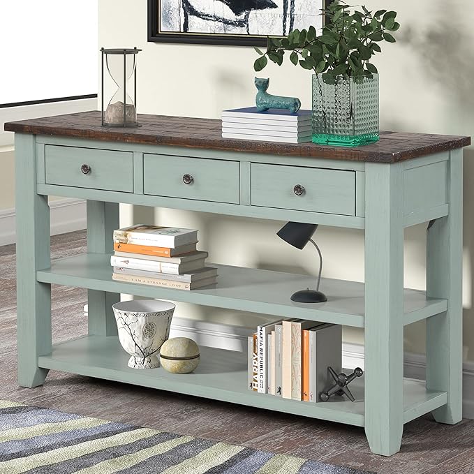 LKTART Solid Wood Console Table Sofa Table with Storage Drawers and Bottom Shelf Entryway Table for Entry Hallway Foyer Sofa Couch Table,Easy Assembled (48.8" Green)