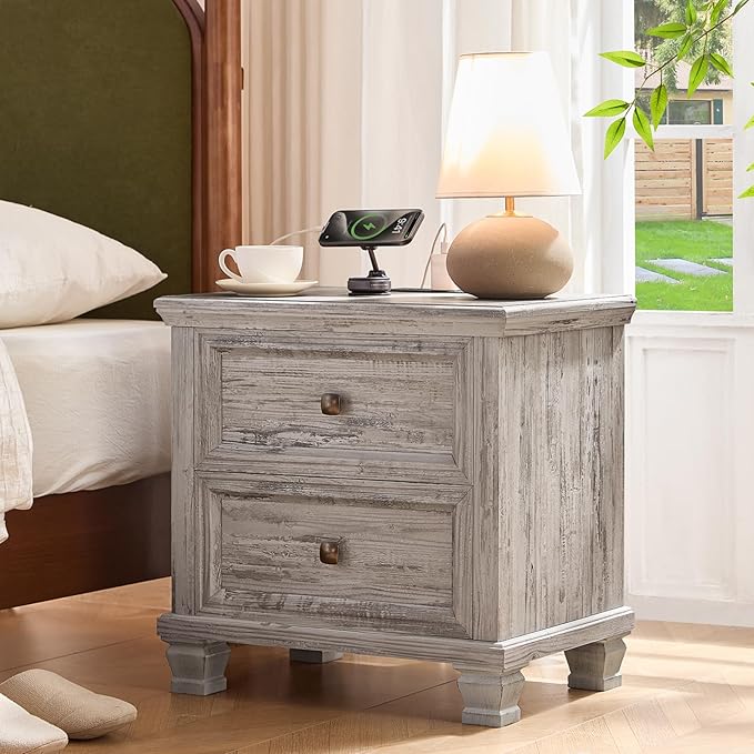 Farmhouse Bedroom Dresser and Nightstand Set of 4, 6 Drawer Low & 5 Drawers Dresser & 2 Drawer Nightstand Set, Rustic Wood Bedroom Furniture Set for Livingroom, Hallway, Grey