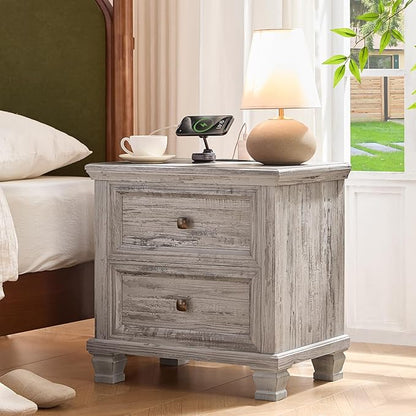 Farmhouse Bedroom Dresser and Nightstand Set of 4, 6 Drawer Low & 5 Drawers Dresser & 2 Drawer Nightstand Set, Rustic Wood Bedroom Furniture Set for Livingroom, Hallway, Grey