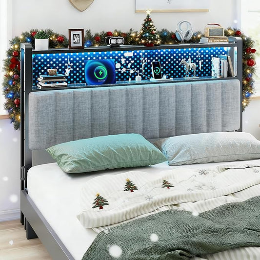 VINGLI Queen Size Headboard Only, Adjustable Upholstered Headboard with 2 Tier Shelves and Pegboard with Charging Stations and LED Lights, Modern Bed Headboard with Storage for Bedroom Decor