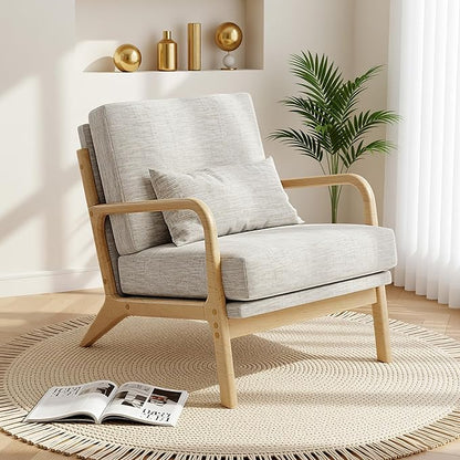 Claiks Mid-Century Modern Accent Chair, Living Room Armchair with Solid Wood Frame & Lumbar Pillow, Comfy Upholstered Lounge Chair for Bedroom, Office, Linen-Like Fabric, Light Gray
