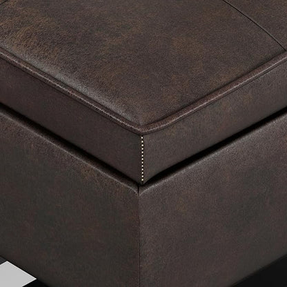 SIMPLIHOME Cosmopolitan 44 inch WideTransitional Rectangle Storage Ottoman Bench with Open Bottom in Distressed Brown Vegan Faux Leather, Assembled for the Living Room and Bedroom
