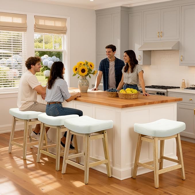 Counter Height Bar Stools Set of 2 for Kitchen Island Modern Barstools with Upholstered Faux Leather Backless Seat and Solid Wood Legs, 24 inch Farmhouse Bar Chairs, White