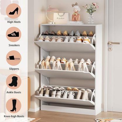 Shoe Storage Cabinet, Wood Shoe Organizer for Entryway with 3 Flip Drawers, Freestanding Shoe Rack with Adjustable Shelf, Narrow Shoe Dresser for Front Door Entrance(White, 47.2" x 31.5" x 9.25")