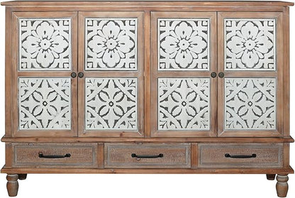 Accent Cabinet with 4 Doors & 3 Drawers, Hollow Carved Storage Sideboard, Wood Buffet Cabinet for Living Room, Dining Room, Entryway (4-Door + 3 Drawers)