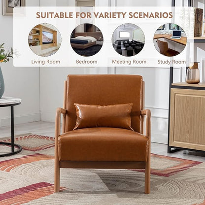 ANJHOME Mid Century Modern Accent Chairs Set of 2, PU Leather Reading Chair with Solid Wood Frame, Easy Assembly Armchair for Living Room