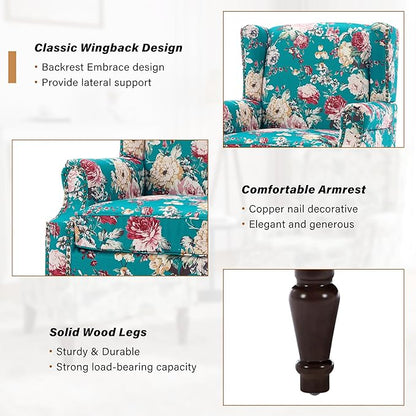Wingback Accent Chair, High Back Upholstered Armchair, Floral Fabric Wingback Arms Chairs with Retro Solid Wood Legs, Single Sofa Reading Chair for Bedroom Living Room, Peacock Blue