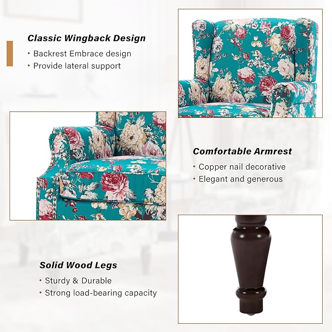 Wingback Accent Chairs Set of 2, High Back Upholstered Armchair, Floral Fabric Wingback Arms Chairs with Retro Solid Wood Legs, Single Sofa Reading Chair for Bedroom Living Room, Peacock Blue