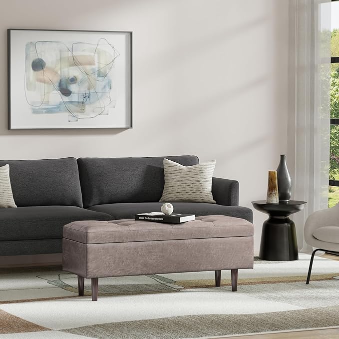 SIMPLIHOME Shay 48 inch Wide Mid Century Modern Rectangular Storage Ottoman in Distressed Grey Taupe Vegan Faux Leather, Assembled, for The Living Room, Entryway and Family Room