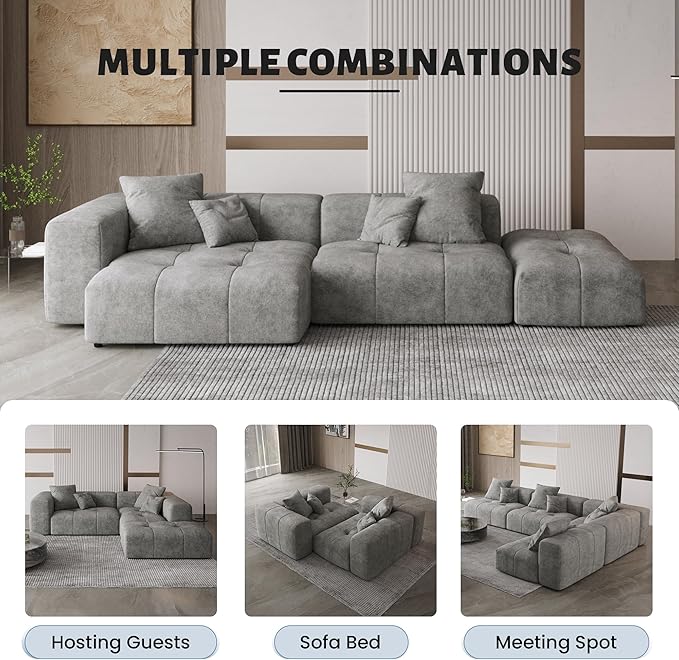 WJShome 144" Sectional Couches for Living Room,Modular Sectional Sofa, U Shaped Couch, Linen Deep Seat Cloud Couches with Pillow for Living Room,Gray