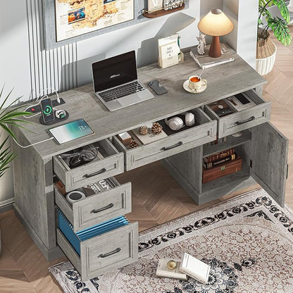 Farmhouse 59'' Executive Desk with Charging Station,Office Desks Computer Desk with 5 Drawers, Wood Workstation for Home Office and Study, File Drawers and Storage Cabinet, Grey