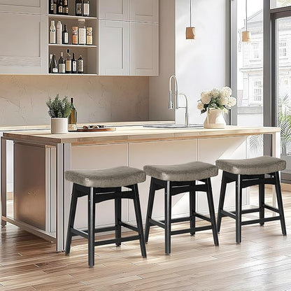 ALPHA HOME Bar Stools Set of 4, Solid Wood Saddle Kitchen Stools with Grey PU Leather Cushion Counter Height Barstools with Wooden Base for Kitchen Dining Cafe, 24 Inch, Grey, 4PCS
