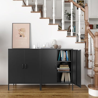 Metal Storage Cabinet with Doors and Shelves,Multipurpose Storage Rack, 3-Tier Shelf,Metal Locker Style Accent Cabinet for Home Office,Living Room,Kitchen (Black, 40''H)