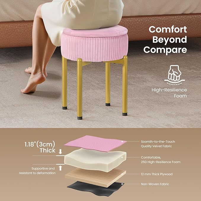 18-Inch Velvet Vanity Stool Chair with Storage, Vanity Bench with 4 Golden Metal Legs & Anti-Slip Adjustable Feet,Round Storage Ottoman Stool with Removable Soft Padded Seat, Pink