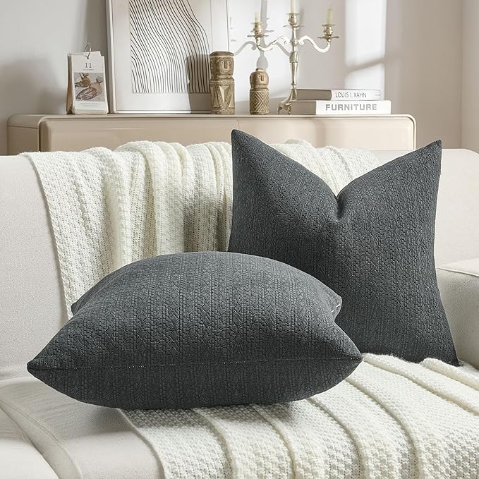 FUTEI Black Chenille Throw Pillow Covers 24x24 Inch Set of 2,Soft Striped & Diamond Textured European Cushion Cases,Modern Home Decor for Couch Living Room