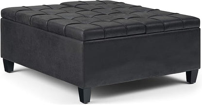 SIMPLIHOME Harrison Coffee Table Storage Ottoman - 36 inch Wide Upholstered Vegan Leather Square Lift-Top Ottoman in Distressed Black, Transitional Ottoman for Living Room with Hidden Storage