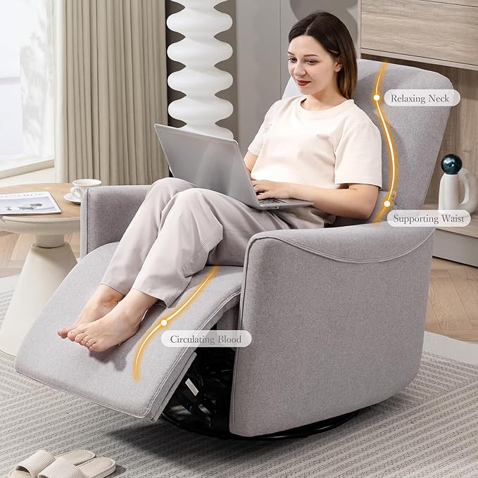 Power Swivel Recliner Chair, Upholstered Fabric Glider Electric Rocking Chair for Adults. Nursery Rocker Single Sofa with Lumbar Support for Living Room. Dual-Port Charging: Type-C&USB, Grey