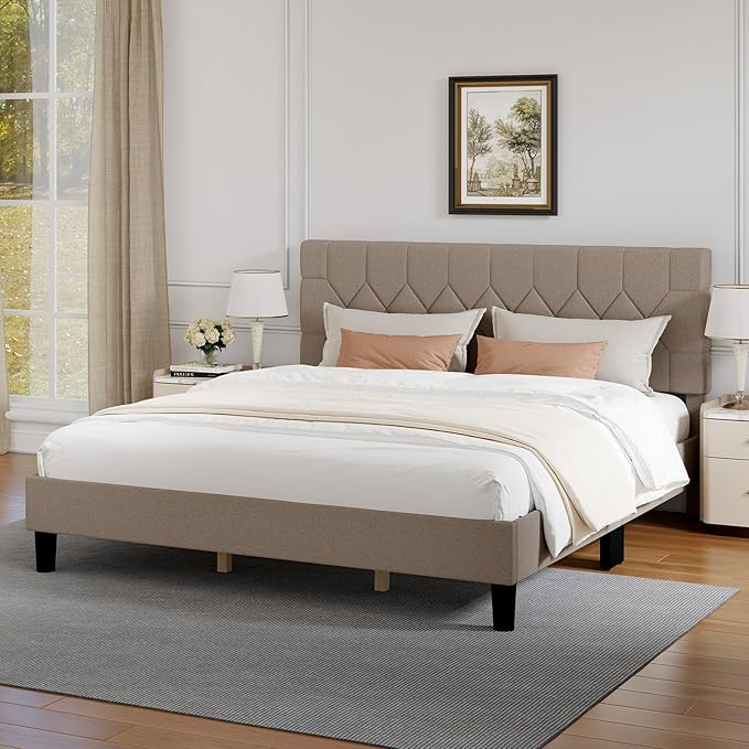 Novilla King Size Bed Frame, King Bed Frame and Headboard, Linen Upholstered Pull-Point Bed Frames, No Box Spring Needed, Heavy Duty Feet, Easy Assembly, Beige
