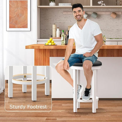 COSTWAY Upholstered Bar Stools Set of 2, 25” Counter Height Bar Chairs with Padded Cushion & Wooden Frame, Faux Leather Backless Stools for Kitchen, Dining Room, Pub, White + Grey
