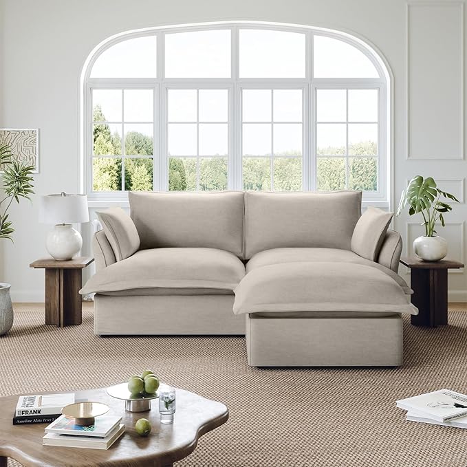 82” Modular Sectional Sofa, Comfy Down Fill Cloud Couch with Movable Ottoman, L Shaped Modular Small Couch with Washable Cover, Sectional Couches for Living Room Small Apartments, Light Gray