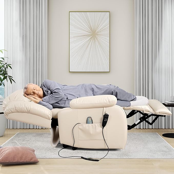EDILLY Large Power Recliner Chair, Infinite Position Dual Motor Design with Heating and Massage, Breathing Leather Recliner for Seniors,USB Port(Beige)