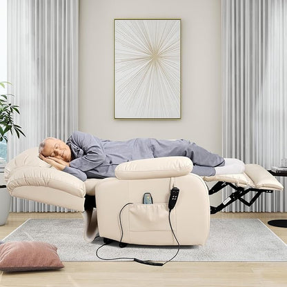 EDILLY Large Power Recliner Chair, Infinite Position Dual Motor Design with Heating and Massage, Breathing Leather Recliner for Seniors,USB Port(Beige)