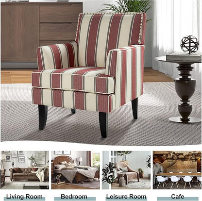 HULALA HOME Modern Accent Chair with Arms and Wooden Legs, Striped Accent Chair Armchair High Back Rest, Padded Armrest and Comfortable Cushioned Seat for Living Room (Stripe Red)