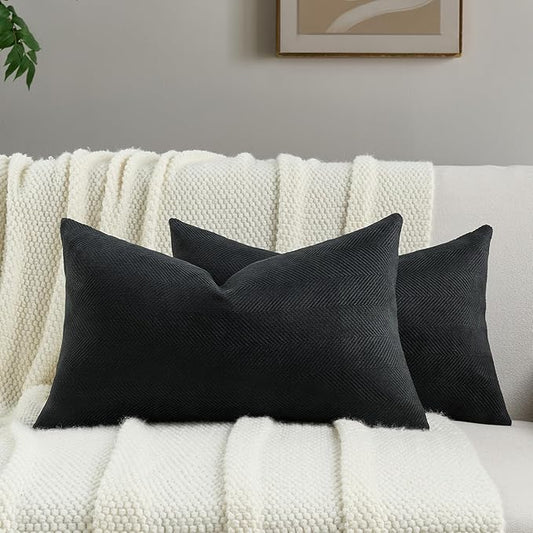 FUTEI Black Chenille Throw Pillow Covers 12x20 Inch Set of 2,Soft Wide Chevron Textured Lumbar Pillow Cases,Farmhouse Home Decor for Couch Bed Living Room