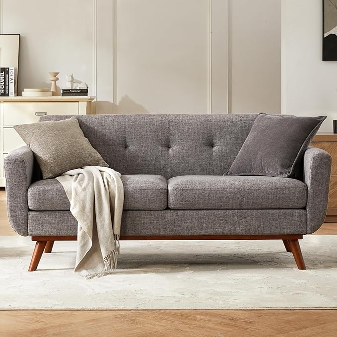Tbfit Loveseat Sofa, 65" W Mid Century Modern Love Seat Small Loveseat for Bedroom, Button Tufted Upholstered Small Couch Sofa for Living Room, Grey