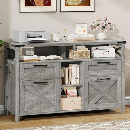 Filing Organization Storage Cabinets 4 Drawer with Adjustable Shelf, Lateral Filing Cabinet with Open Storage Shelf for Home Office, Farmhouse File Cabinets for Hanging Files Letter/A4.Gray