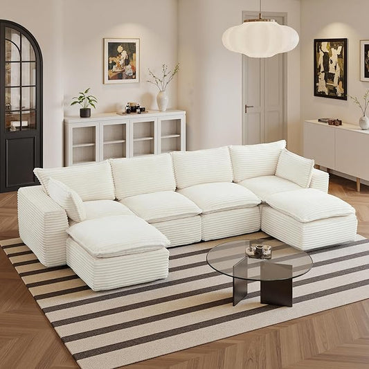 108" Sectional Couches for Living Room Boneless Couch Upholstered Cloud Couch Sectional Modular Sectional Sofa with L Shaped (Corduroy-White, 4 Seat+2 Ottoman)